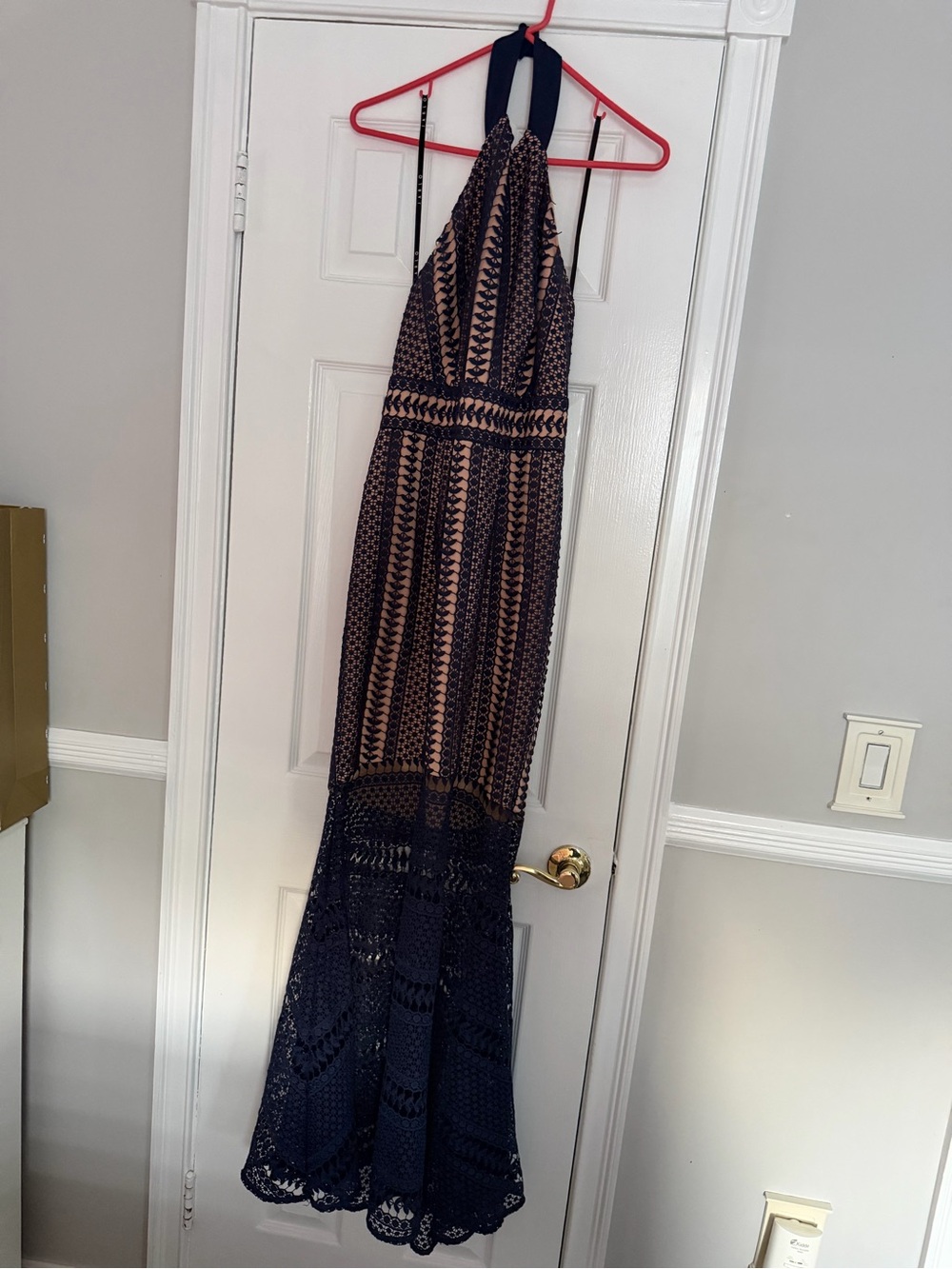 Jarlo Navy and Beige Halter Maxi Dress